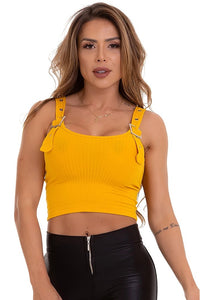 yellow crop top with belted straps